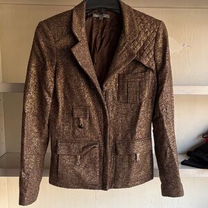 Metallic Brown Tweed Blazer Jacket with Gold Accents